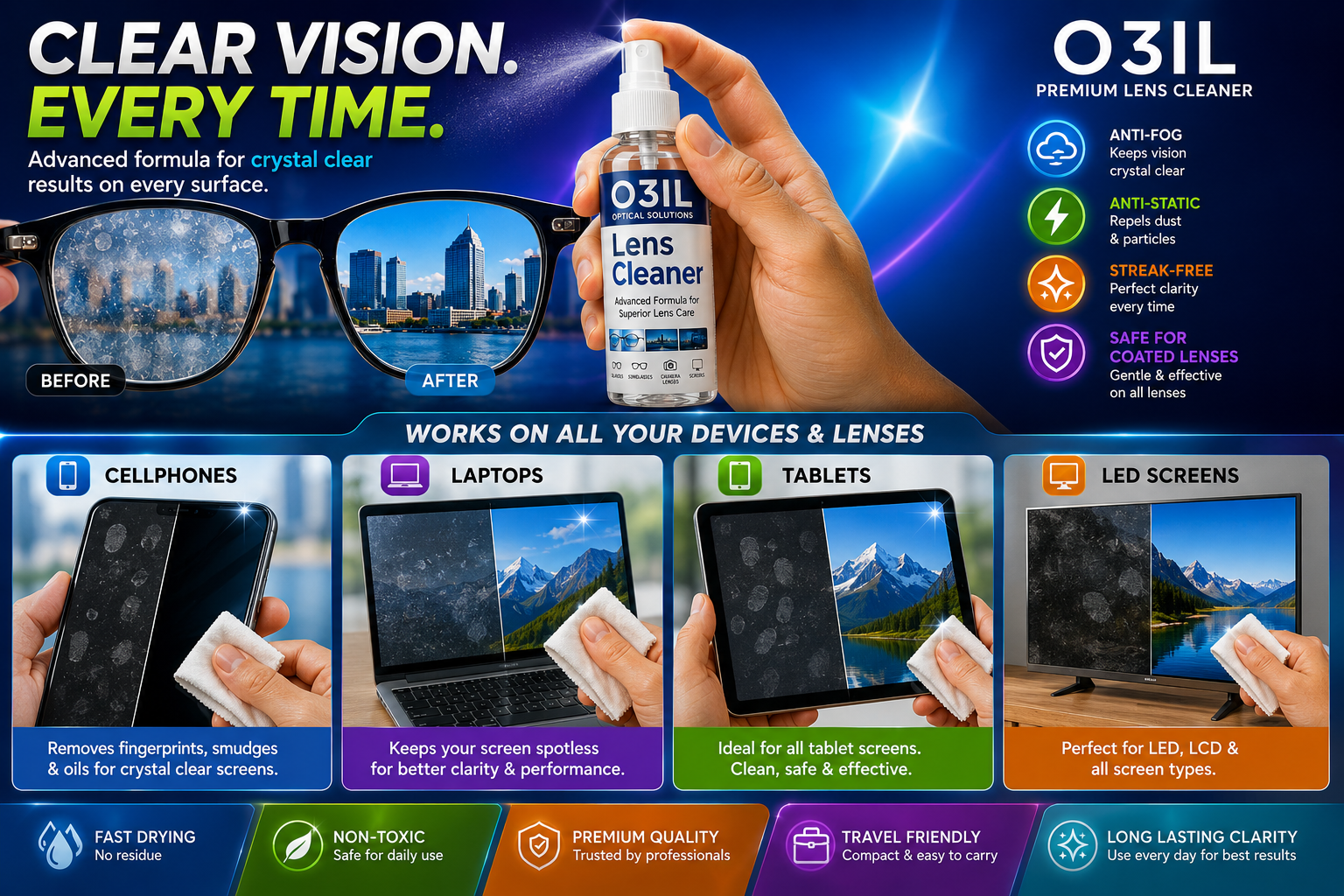 O3IL premium lens cleaner promotional banner showing before and after cleaning on glasses, cellphones, laptops, tablets, and LED screens